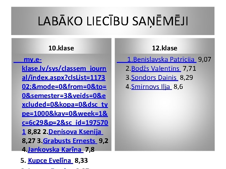 LABĀKO LIECĪBU SAŅĒMĒJI 10. klase my. eklase. lv/sys/classem_journ al/index. aspx? cls. List=1173 02; &mode=0&from=0&to=