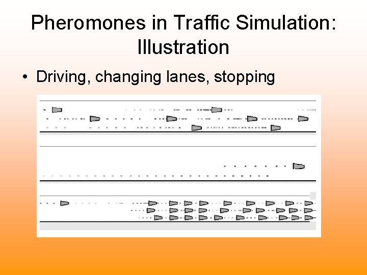 Pheromones in Traffic Simulation: Illustration • Driving, changing lanes, stopping 