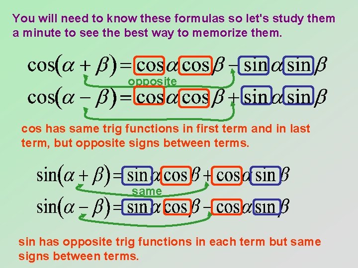 You will need to know these formulas so let's study them a minute to