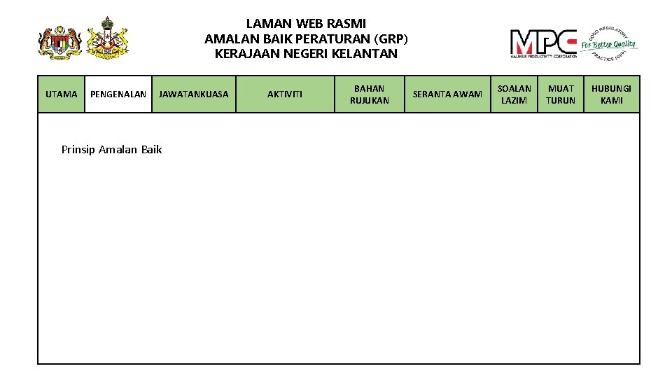 LAMAN WEB RASMI AMALAN BAIK PERATURAN (GRP) KERAJAAN NEGERI KELANTAN UTAMA PENGENALAN JAWATANKUASA Prinsip