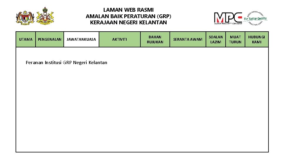 LAMAN WEB RASMI AMALAN BAIK PERATURAN (GRP) KERAJAAN NEGERI KELANTAN UTAMA PENGENALAN JAWATANKUASA Peranan