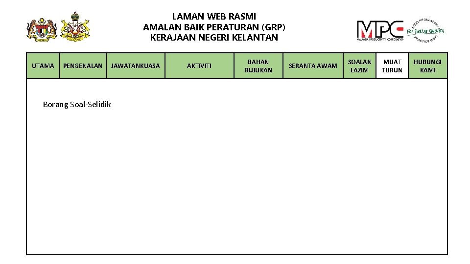 LAMAN WEB RASMI AMALAN BAIK PERATURAN (GRP) KERAJAAN NEGERI KELANTAN UTAMA PENGENALAN Borang Soal-Selidik