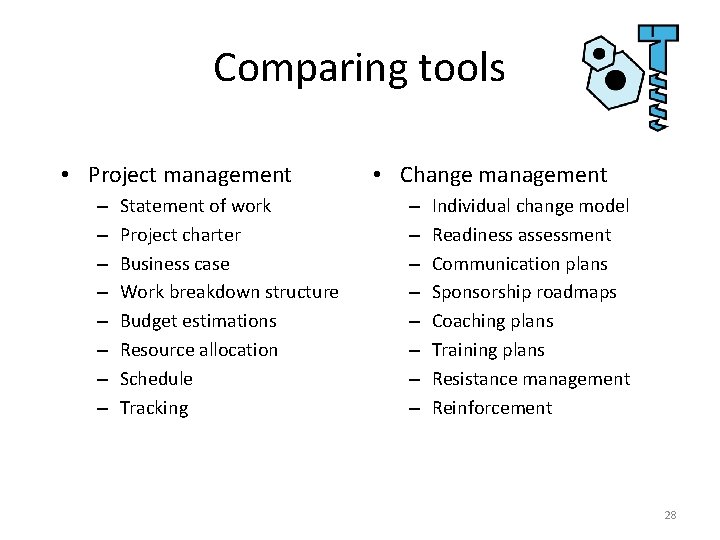 Comparing tools • Project management – – – – Statement of work Project charter