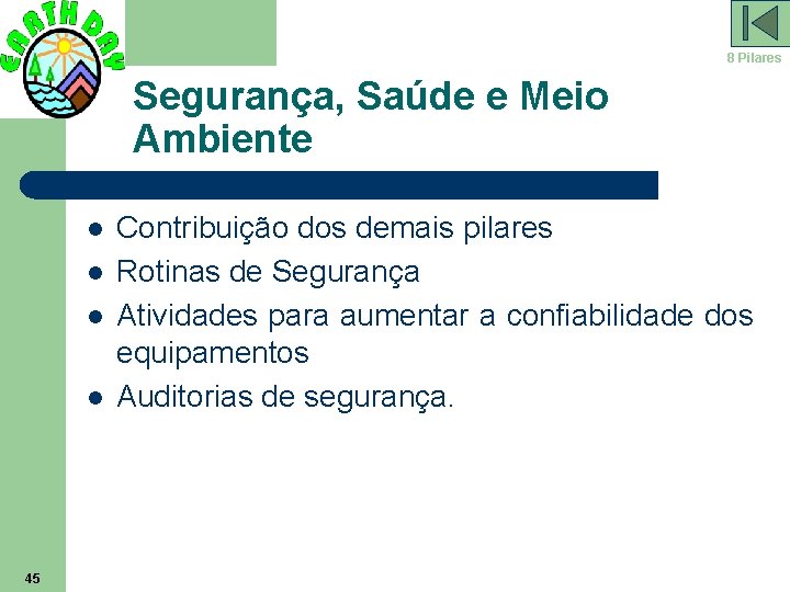 8 Pilares Segurança, Saúde e Meio Ambiente l l 45 Contribuição dos demais pilares