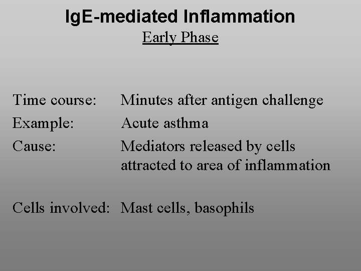 Ig. E-mediated Inflammation Early Phase Time course: Example: Cause: Minutes after antigen challenge Acute