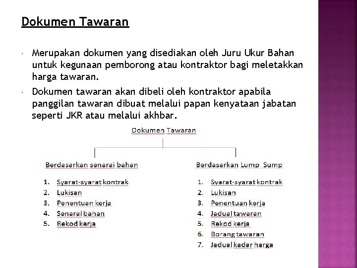 Dokumen Tawaran Merupakan dokumen yang disediakan oleh Juru Ukur Bahan untuk kegunaan pemborong atau