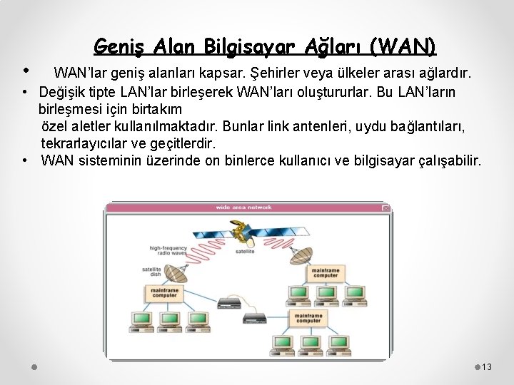  • Geniş Alan Bilgisayar Ağları (WAN) WAN’lar geniş alanları kapsar. Şehirler veya ülkeler