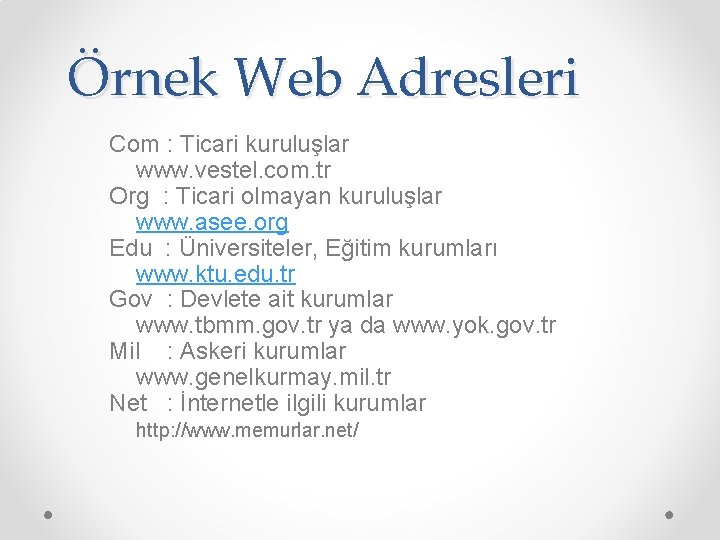 Örnek Web Adresleri Com : Ticari kuruluşlar www. vestel. com. tr Org : Ticari