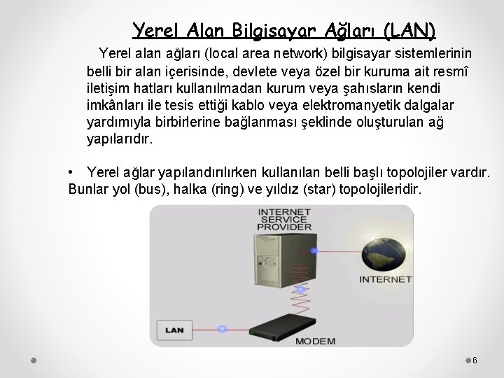 Yerel Alan Bilgisayar Ağları (LAN) Yerel alan ağları (local area network) bilgisayar sistemlerinin belli