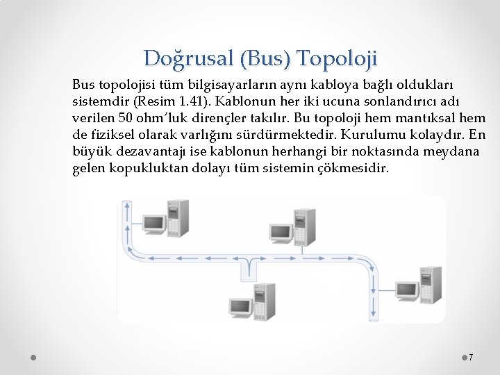 Doğrusal (Bus) Topoloji Bus topolojisi tüm bilgisayarların aynı kabloya bağlı oldukları sistemdir (Resim 1.