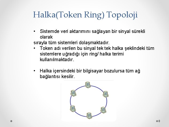 Halka(Token Ring) Topoloji • Sistemde veri aktarımını sağlayan bir sinyal sürekli olarak sırayla tüm