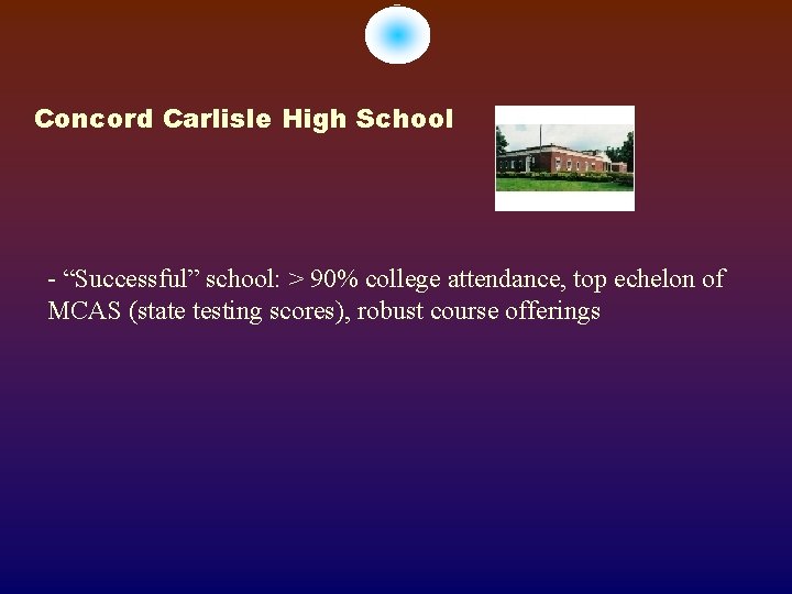 Concord Carlisle High School - “Successful” school: > 90% college attendance, top echelon of