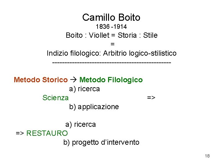 Camillo Boito 1836 -1914 Boito : Viollet = Storia : Stile = Indizio filologico: