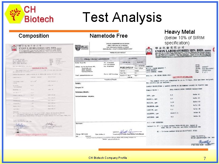 Test Analysis Composition Nametode Free CH Biotech Company Profile Heavy Metal (below 10% of