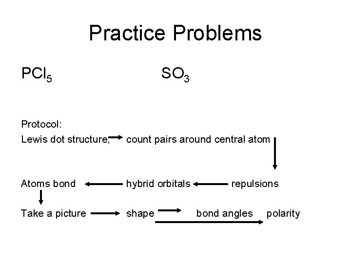 Practice Problems PCl 5 SO 3 Protocol: Lewis dot structure, count pairs around central