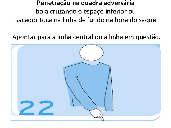 Penetração na quadra adversária bola cruzando o espaço inferior ou sacador toca na linha