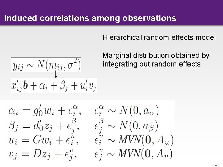 Induced correlations among observations Hierarchical random-effects model Marginal distribution obtained by integrating out random