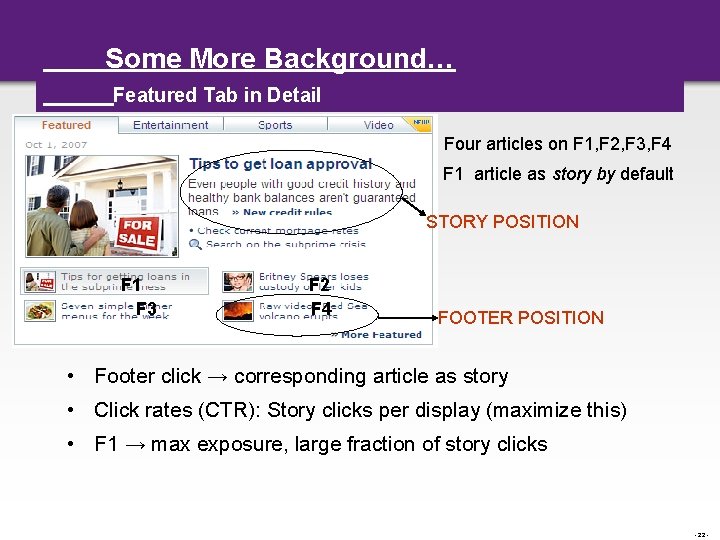Some More Background… Featured Tab in Detail • Four articles on F 1, F