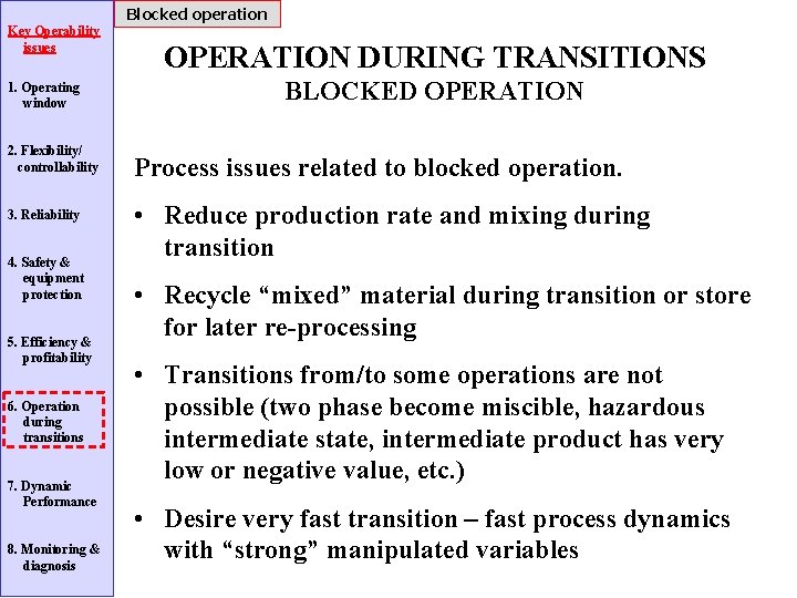 Blocked operation Key Operability issues 1. Operating window 2. Flexibility/ controllability 3. Reliability 4.