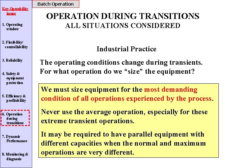 Batch Operation Key Operability issues 1. Operating window 2. Flexibility/ controllability 3. Reliability 4.