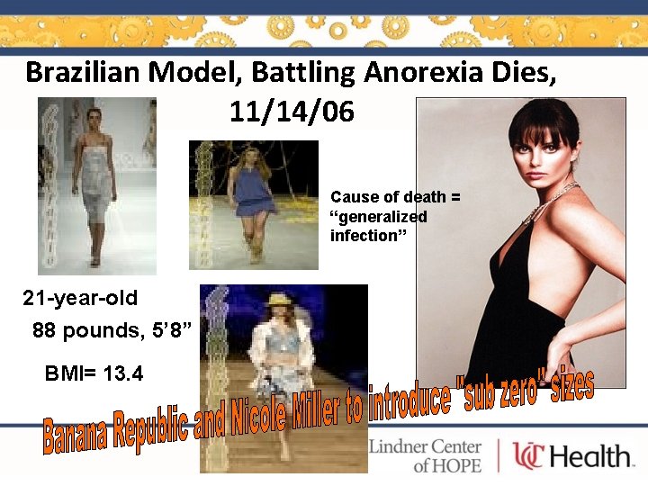 Brazilian Model, Battling Anorexia Dies, 11/14/06 Cause of death = “generalized infection” 21 -year-old