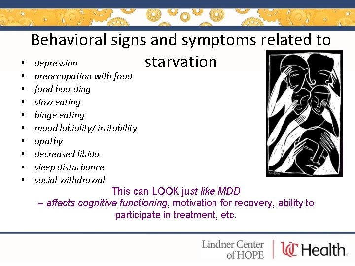  • • • Behavioral signs and symptoms related to depression starvation preoccupation with