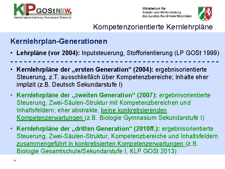 Kompetenzorientierte Kernlehrpläne Kernlehrplan-Generationen • Lehrpläne (vor 2004): Inputsteuerung, Stofforientierung (LP GOSt 1999) ----------------------- • Kompetenzorientierte Kernlehrpläne Kernlehrplan-Generationen • Lehrpläne (vor 2004): Inputsteuerung, Stofforientierung (LP GOSt 1999) ----------------------- •