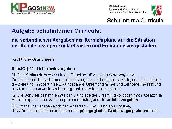 Schulinterne Curricula Aufgabe schulinterner Curricula: die verbindlichen Vorgaben der Kernlehrpläne auf die Situation der Schulinterne Curricula Aufgabe schulinterner Curricula: die verbindlichen Vorgaben der Kernlehrpläne auf die Situation der