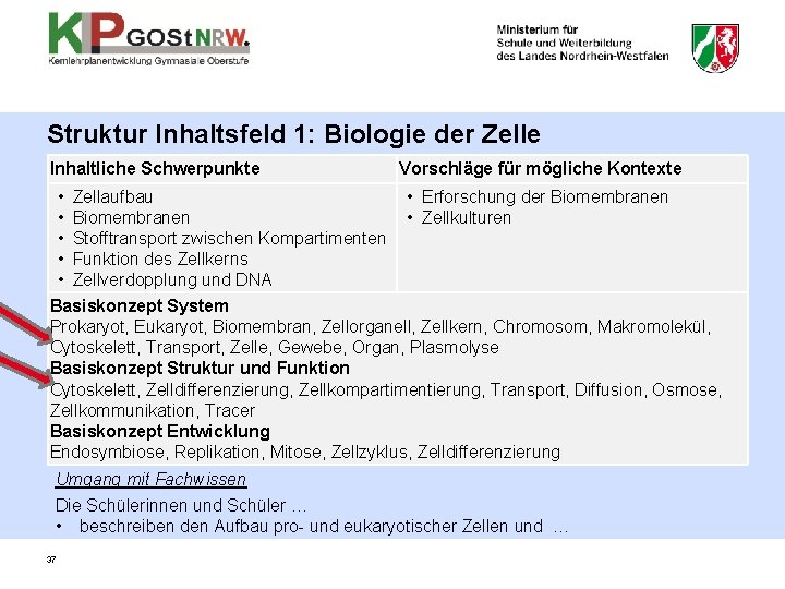 Struktur Inhaltsfeld 1: Biologie der Zelle Inhaltliche Schwerpunkte Vorschläge für mögliche Kontexte • Zellaufbau Struktur Inhaltsfeld 1: Biologie der Zelle Inhaltliche Schwerpunkte Vorschläge für mögliche Kontexte • Zellaufbau