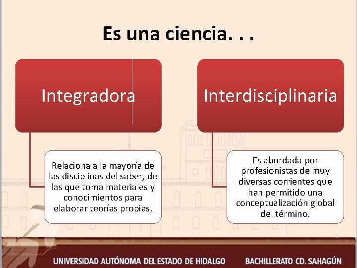 Es una ciencia. . . Integradora Relaciona a la mayoría de las disciplinas del