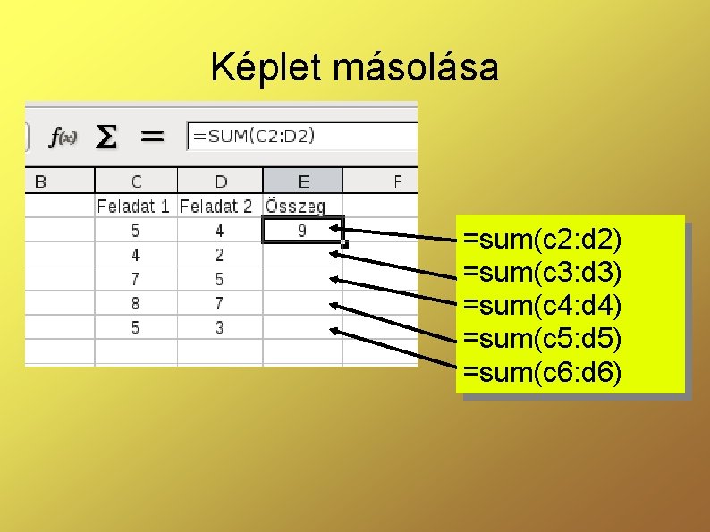 Képlet másolása =sum(c 2: d 2) =sum(c 3: d 3) =sum(c 4: d 4)