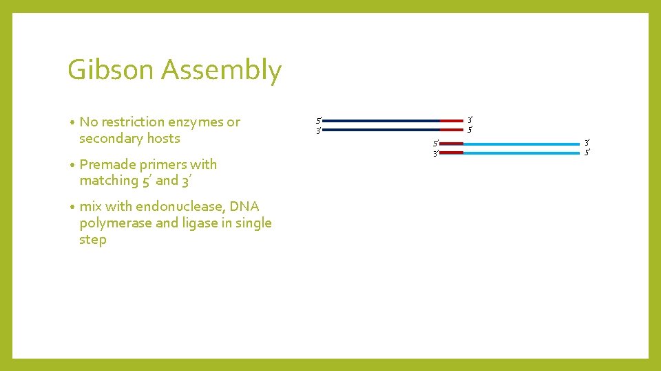 Gibson Assembly • No restriction enzymes or secondary hosts • Premade primers with matching