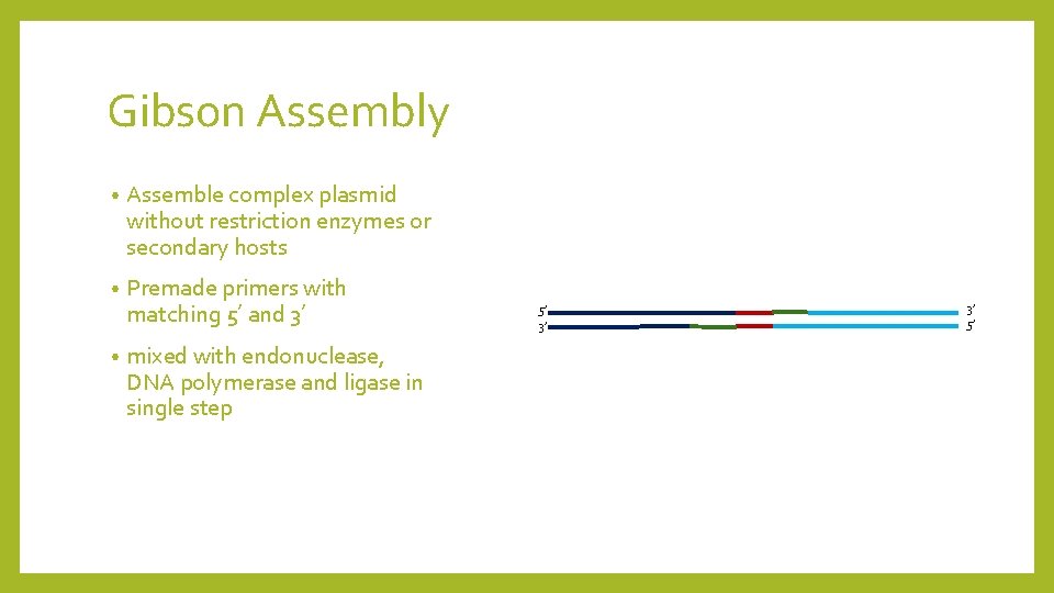 Gibson Assembly • Assemble complex plasmid without restriction enzymes or secondary hosts • Premade