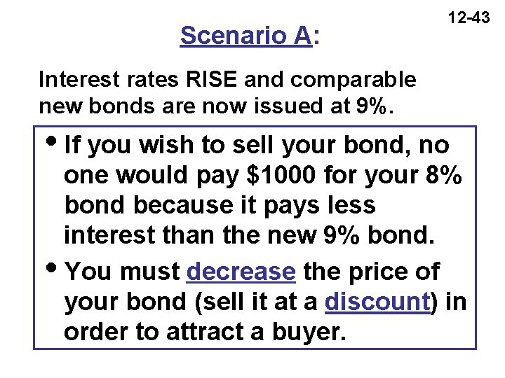 Scenario A: 12 -43 Interest rates RISE and comparable new bonds are now issued