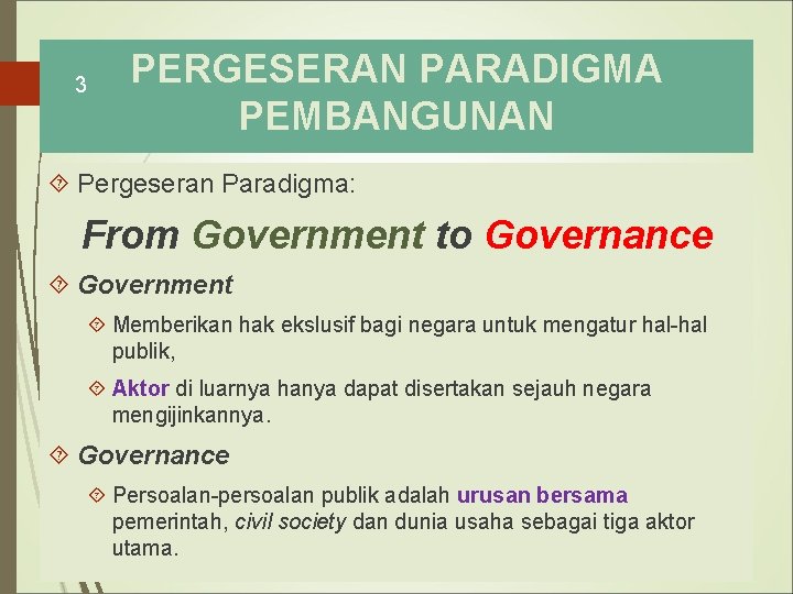 3 PERGESERAN PARADIGMA PEMBANGUNAN Pergeseran Paradigma: From Government to Governance Government Memberikan hak ekslusif