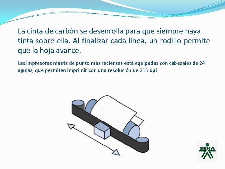 La cinta de carbón se desenrolla para que siempre haya tinta sobre ella. Al