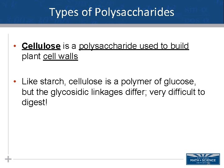 Types of Polysaccharides • Cellulose is a polysaccharide used to build plant cell walls