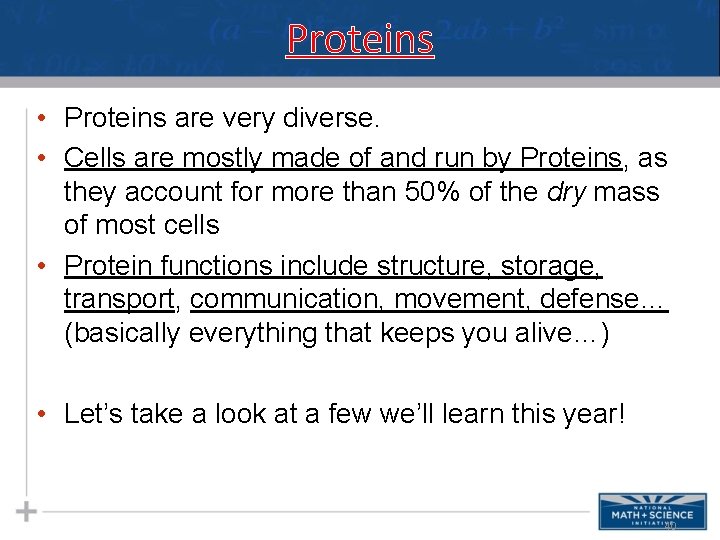 Proteins • Proteins are very diverse. • Cells are mostly made of and run