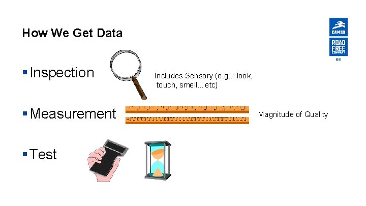 How We Get Data 55 § Inspection § Measurement § Test Includes Sensory (e.