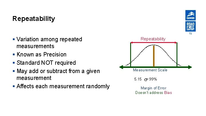 Repeatability 72 § Variation among repeated measurements § Known as Precision § Standard NOT