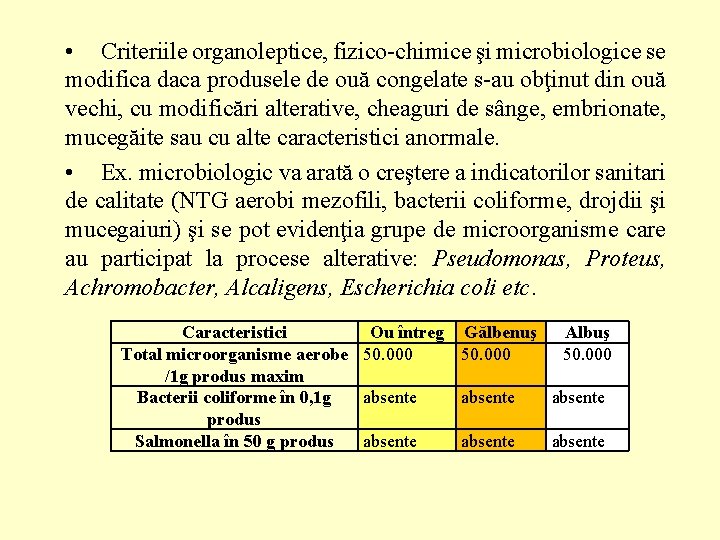  • Criteriile organoleptice, fizico-chimice şi microbiologice se modifica daca produsele de ouă congelate