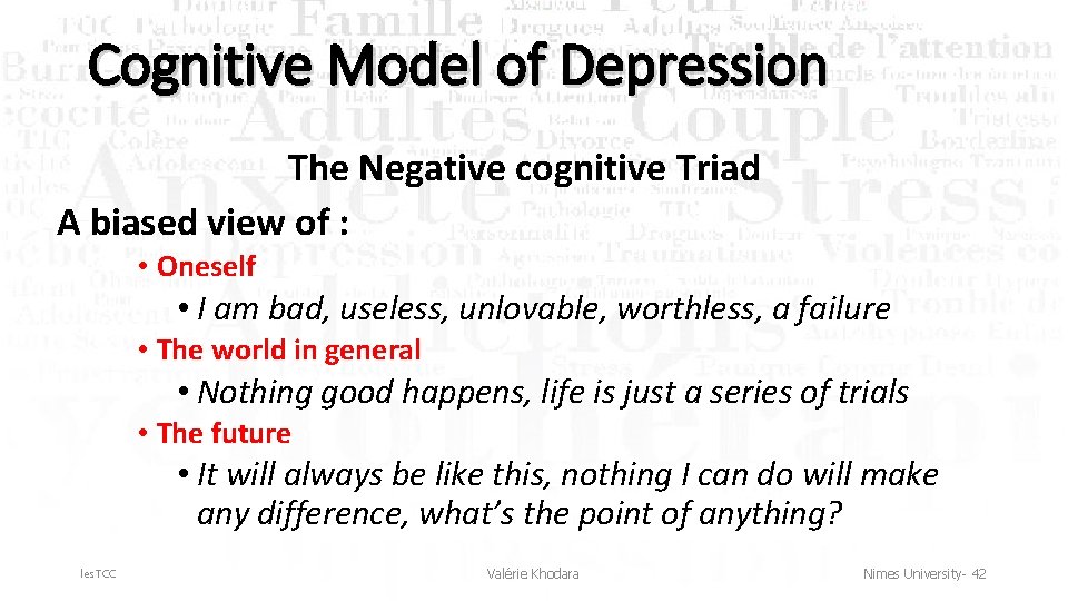 Cognitive Model of Depression The Negative cognitive Triad A biased view of : •
