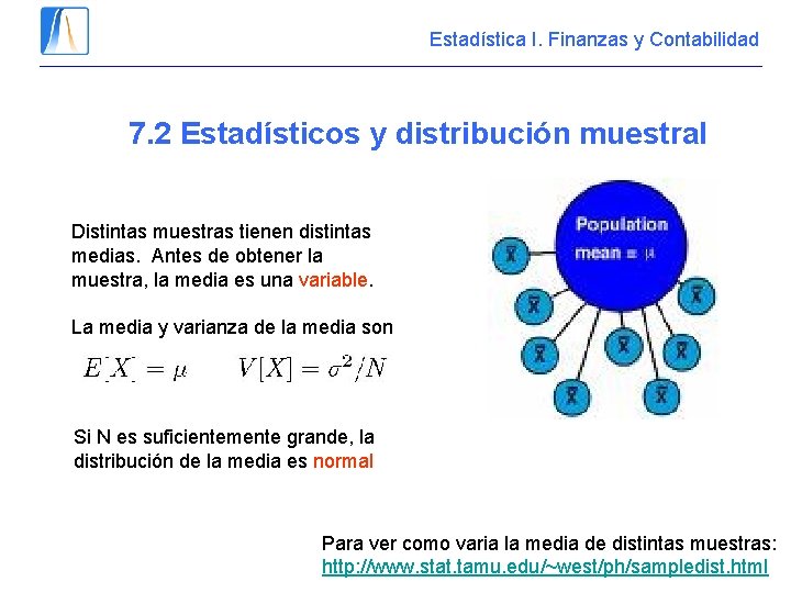 Estadística I. Finanzas y Contabilidad 7. 2 Estadísticos y distribución muestral Distintas muestras tienen