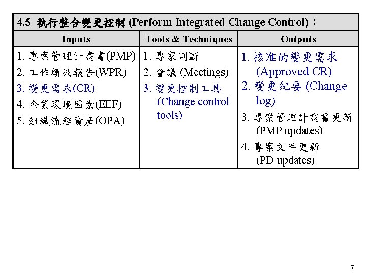 4. 5 執行整合變更控制 (Perform Integrated Change Control)： Inputs Tools & Techniques 1. 專案管理計畫書(PMP) 1.