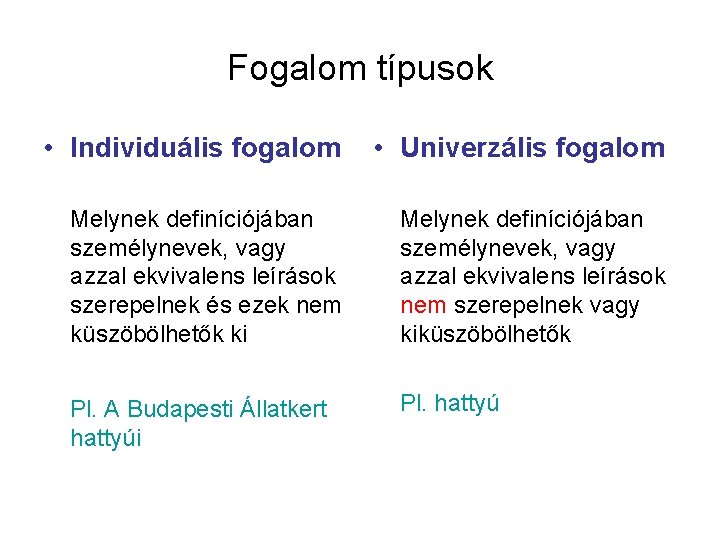 Fogalom típusok • Individuális fogalom • Univerzális fogalom Melynek definíciójában személynevek, vagy azzal ekvivalens