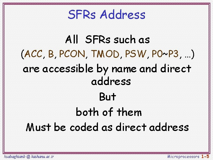 SFRs Address All SFRs such as (ACC, B, PCON, TMOD, PSW, P 0~P 3, SFRs Address All SFRs such as (ACC, B, PCON, TMOD, PSW, P 0~P 3,
