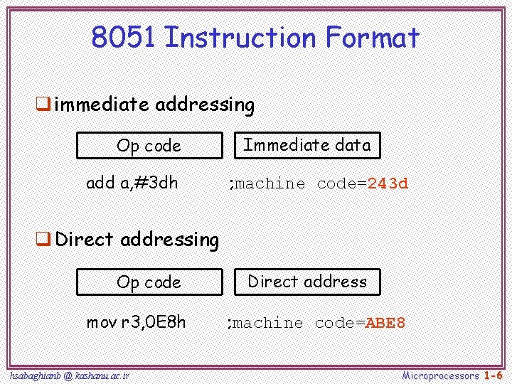 8051 Instruction Format q immediate addressing Op code add a, #3 dh Immediate data 8051 Instruction Format q immediate addressing Op code add a, #3 dh Immediate data