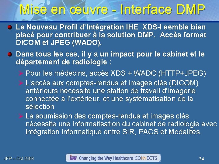 Mise en œuvre - Interface DMP Le Nouveau Profil d’Intégration IHE XDS-I semble bien