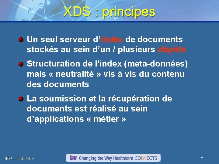 XDS : principes Un seul serveur d’index de documents stockés au sein d’un /