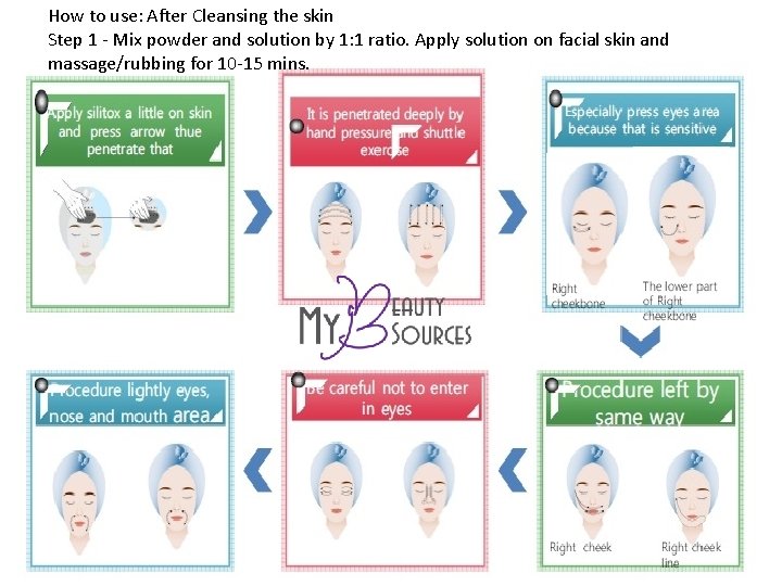 How to use: After Cleansing the skin Step 1 - Mix powder and solution